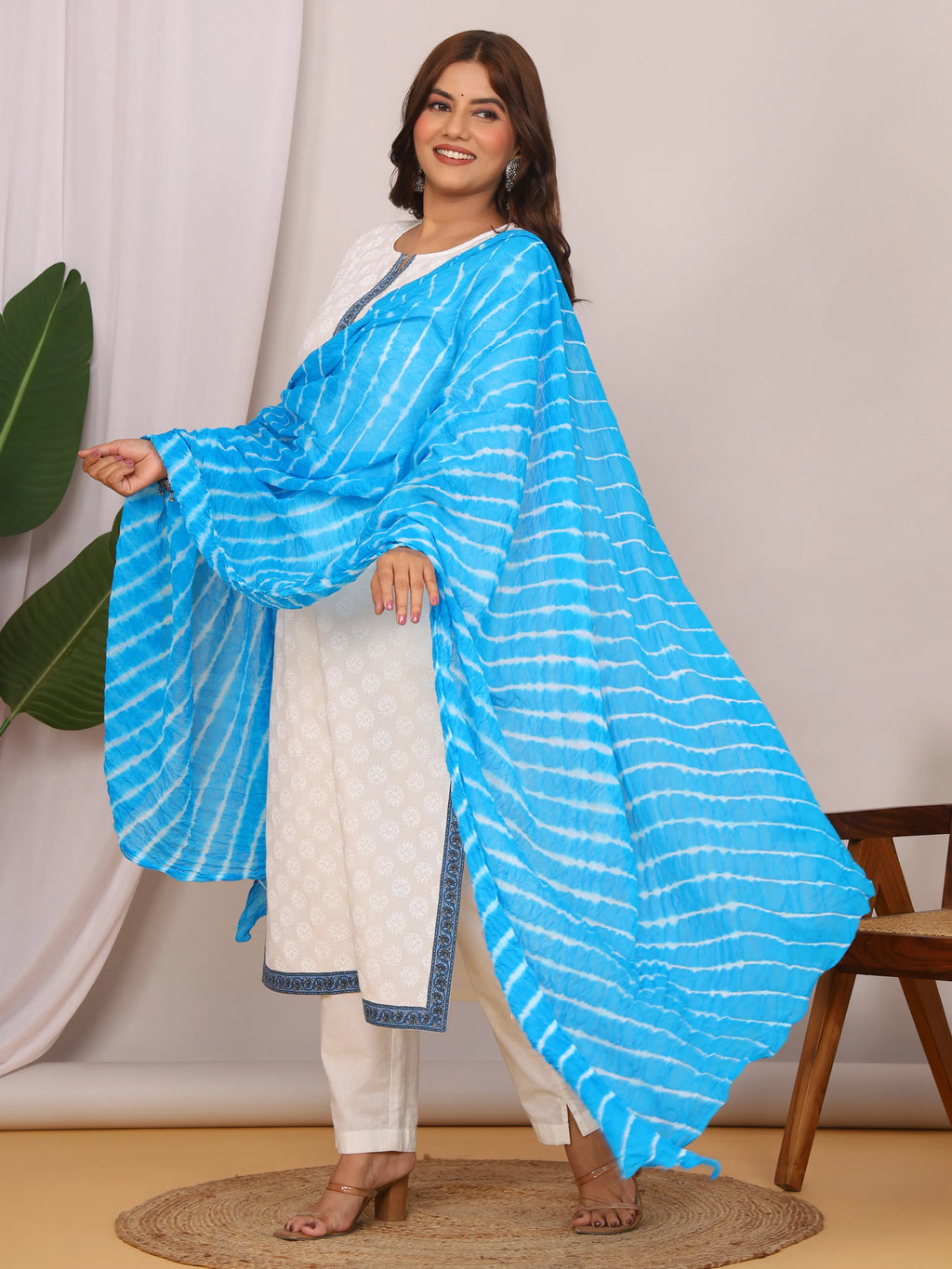 Sky Blue Nazmin Chiffon Hand Tied Leheriya Dupatta (2.5 Meter)
