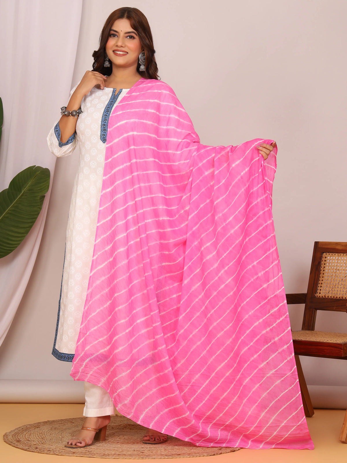 Pink Pure Cotton Hand Tied Lehriya Dupatta (2.5 Meter)