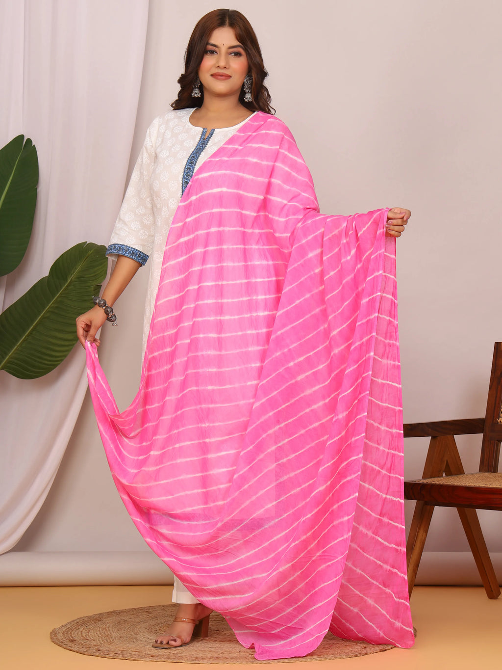 Pink Pure Cotton Hand Tied Lehriya Dupatta (2.5 Meter)
