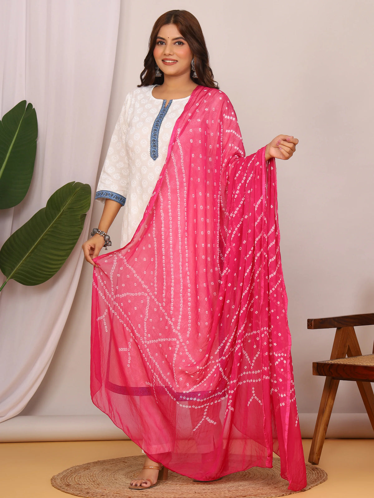 Pink Nazmin Chiffon Hand Tied Bhandej Dupatta (2.5 Meter)