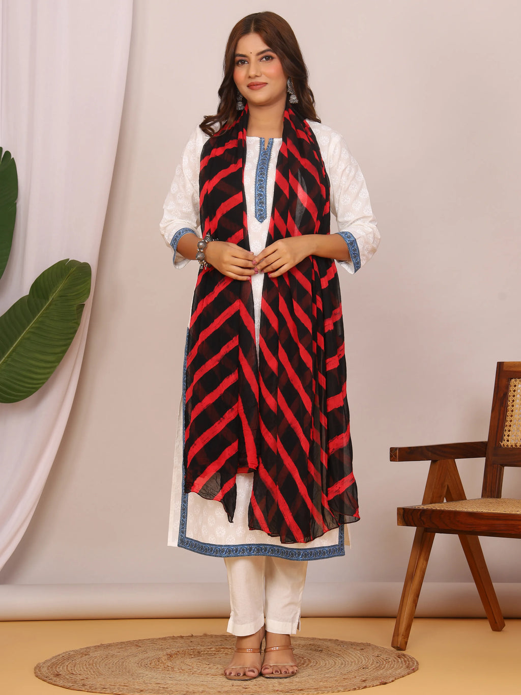 Black Red Nazmin Chiffon Hand Tied Leheriya Dupatta (2.5 Meter)