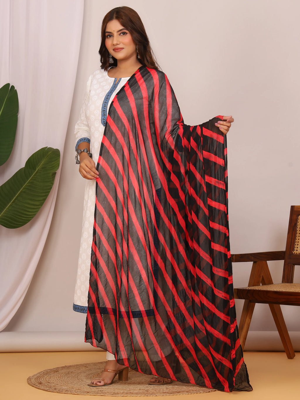 Black Red Nazmin Chiffon Hand Tied Leheriya Dupatta (2.5 Meter)