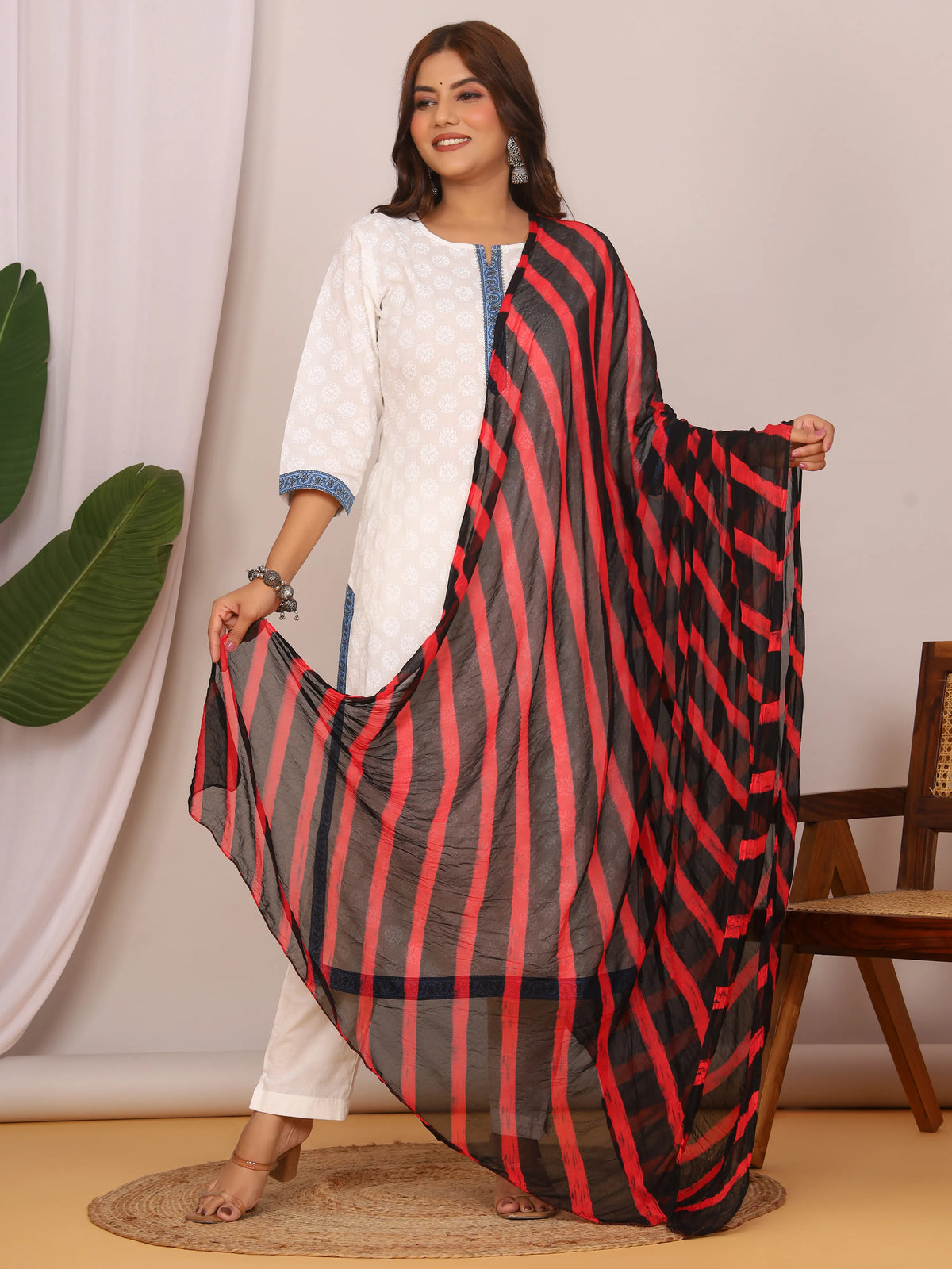 Black Red Nazmin Chiffon Hand Tied Leheriya Dupatta (2.5 Meter)