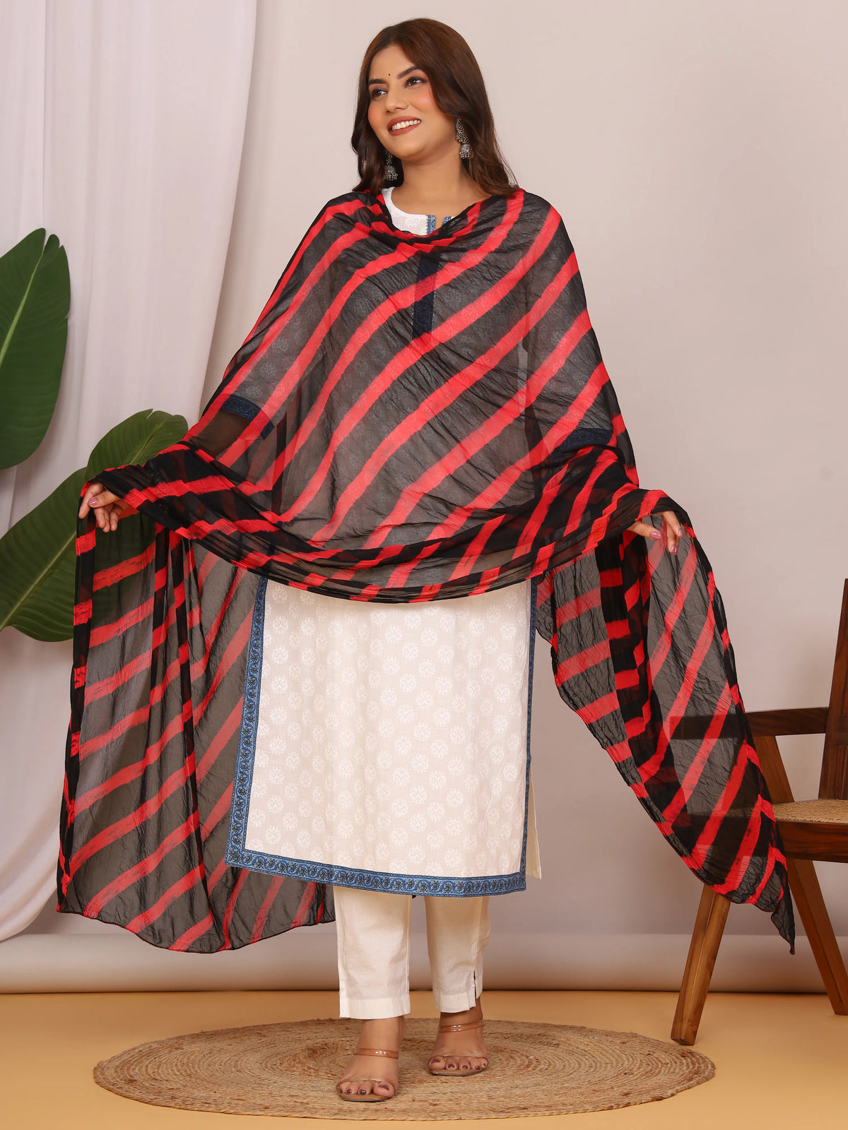 Black Red Nazmin Chiffon Hand Tied Leheriya Dupatta (2.5 Meter)