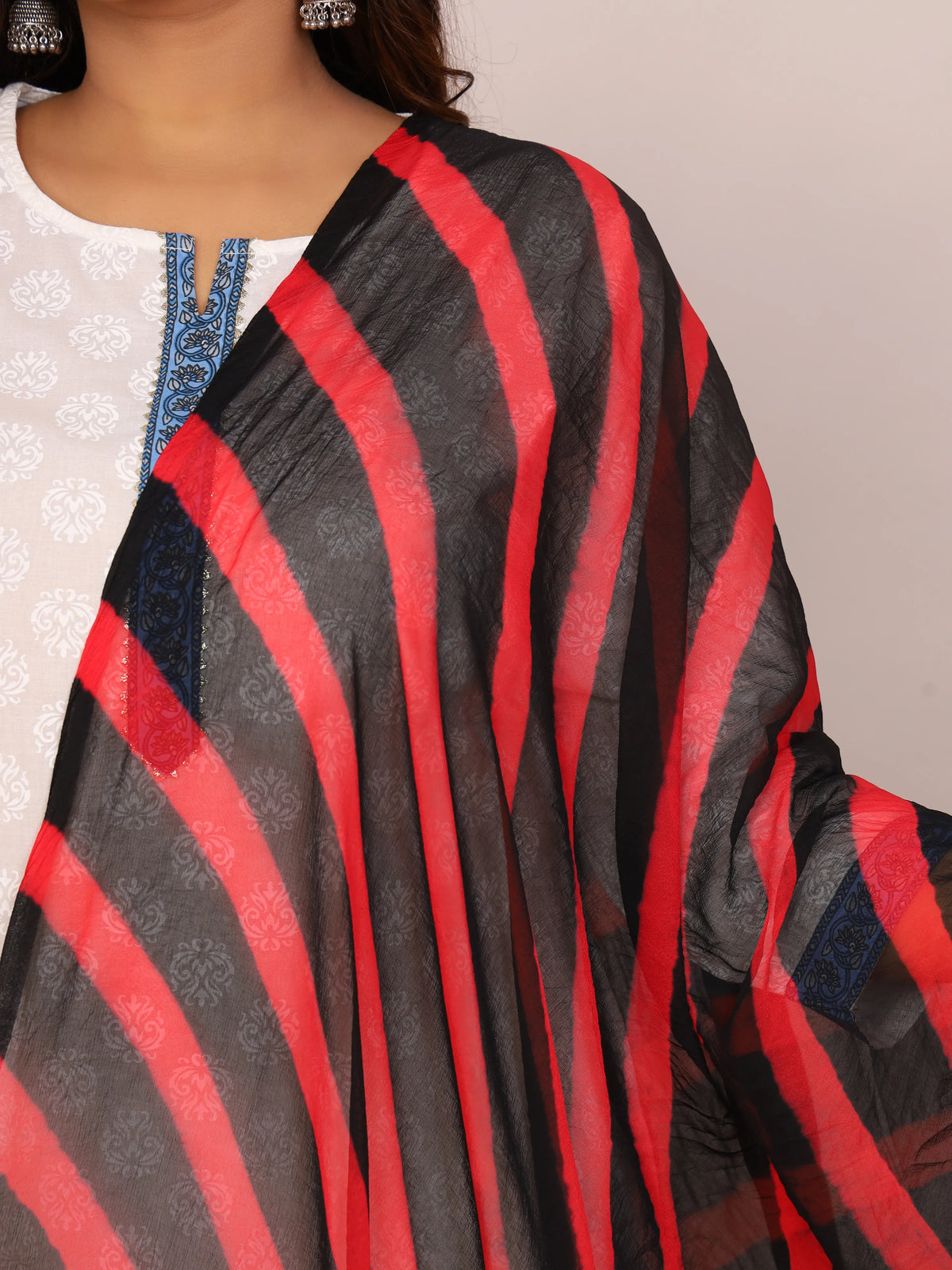 Black Red Nazmin Chiffon Hand Tied Leheriya Dupatta (2.5 Meter)