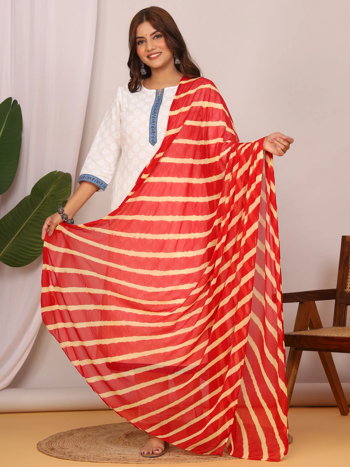 Mehroon Beige Nazmin Chiffon Hand Tied Leheriya Dupatta (2.5 Meter)