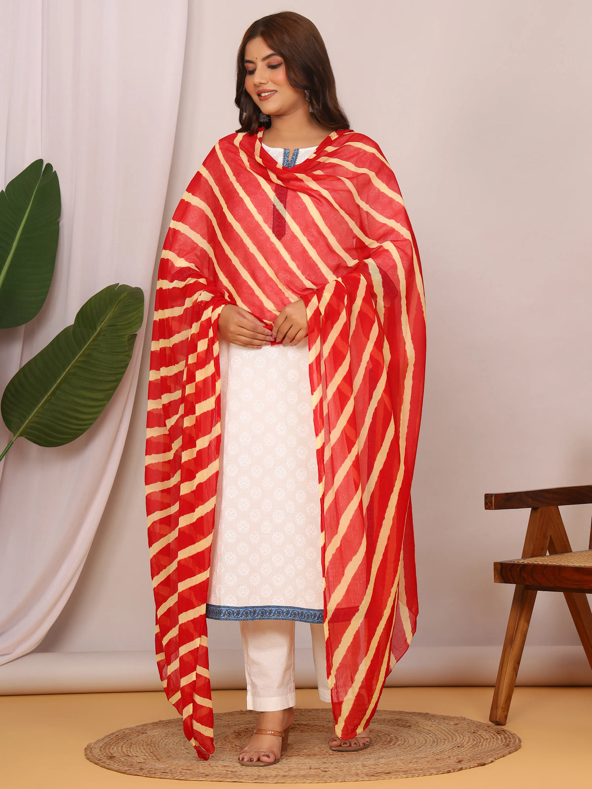 Mehroon Beige Nazmin Chiffon Hand Tied Leheriya Dupatta (2.5 Meter)