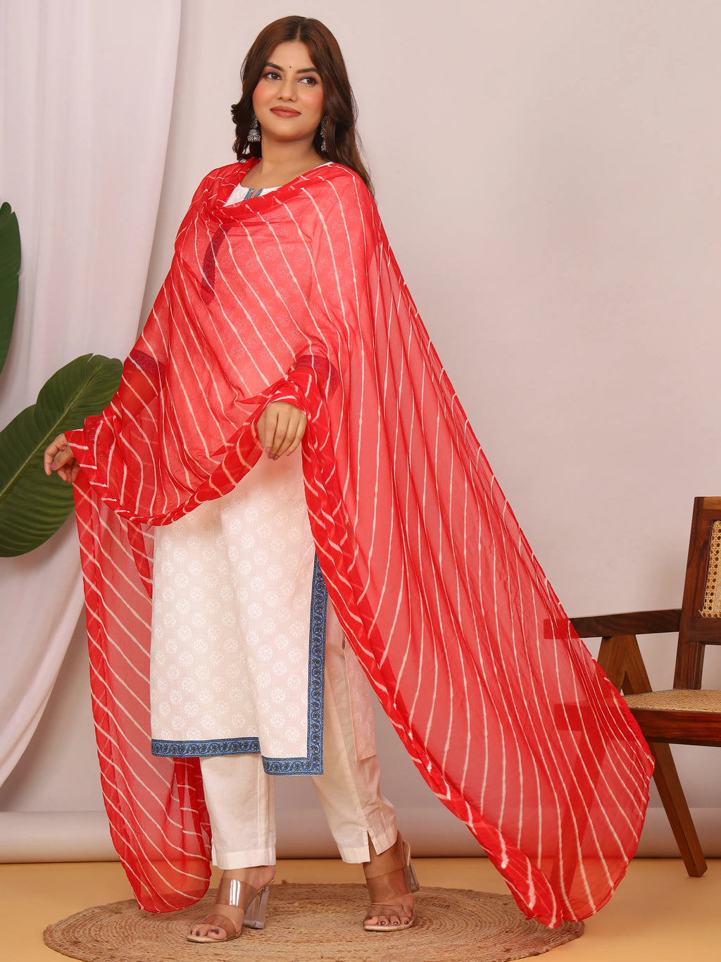 Red Nazmin Chiffon Hand Tied Leheriya Dupatta (2.5 Meter)