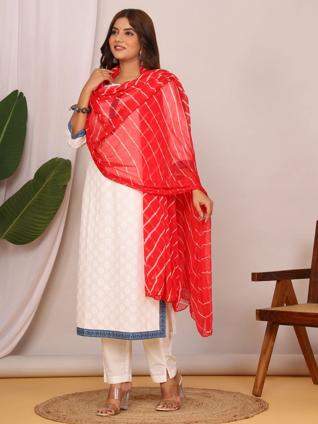 Red Nazmin Chiffon Hand Tied Leheriya Dupatta (2.5 Meter)