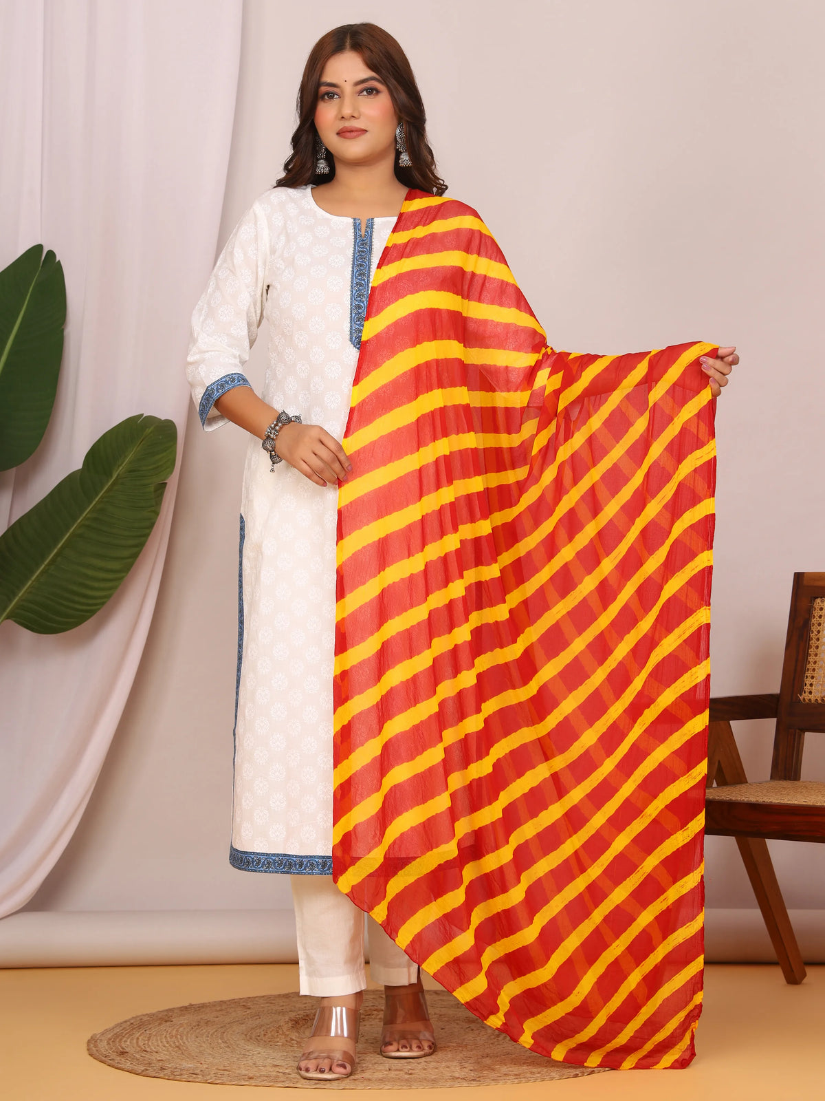 Red Yellow Nazmin Chiffon Hand Tied Leheriya Dupatta (2.5 Meter)