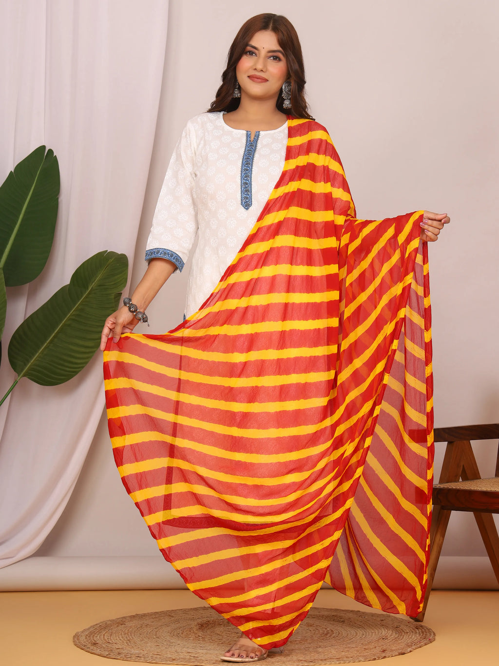 Red Yellow Nazmin Chiffon Hand Tied Leheriya Dupatta (2.5 Meter)