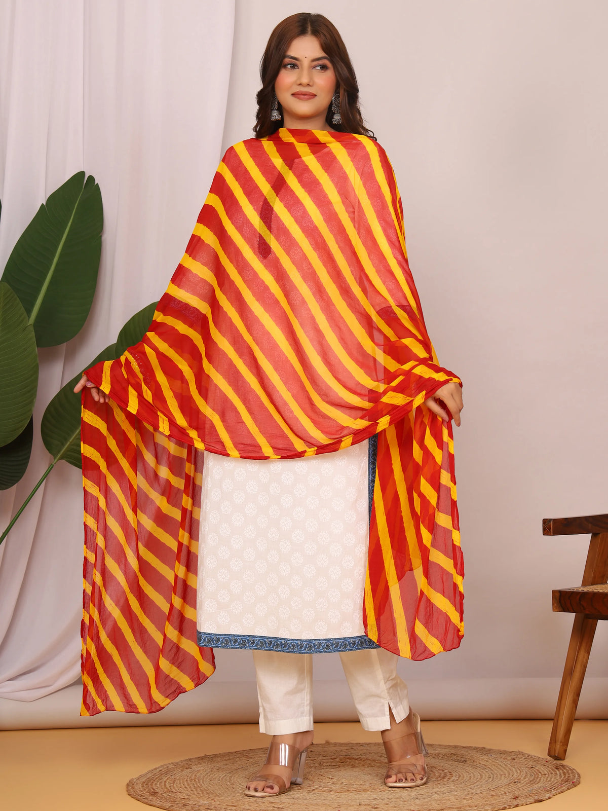 Red Yellow Nazmin Chiffon Hand Tied Leheriya Dupatta (2.5 Meter)