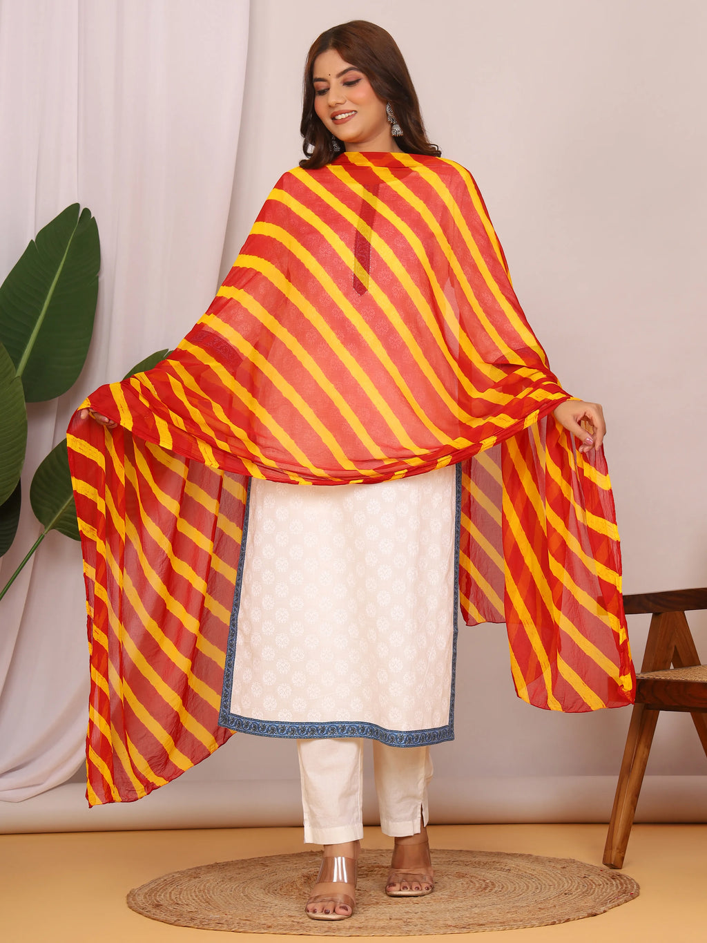 Red Yellow Nazmin Chiffon Hand Tied Leheriya Dupatta (2.5 Meter)