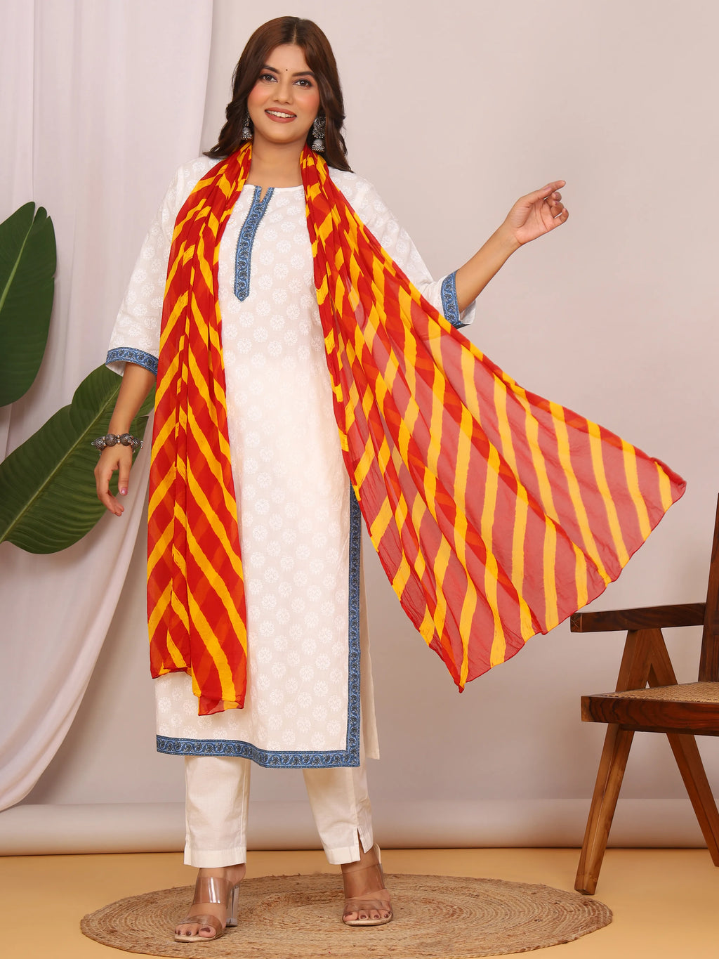 Red Yellow Nazmin Chiffon Hand Tied Leheriya Dupatta (2.5 Meter)