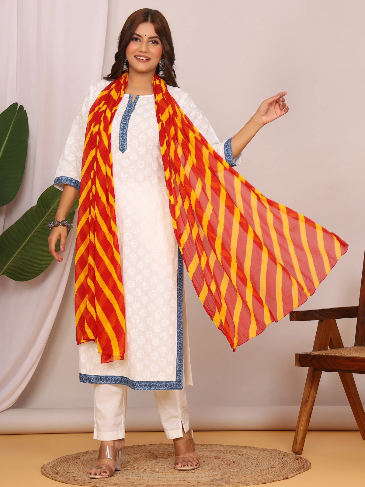 Red Yellow Nazmin Chiffon Hand Tied Leheriya Dupatta (2.5 Meter)