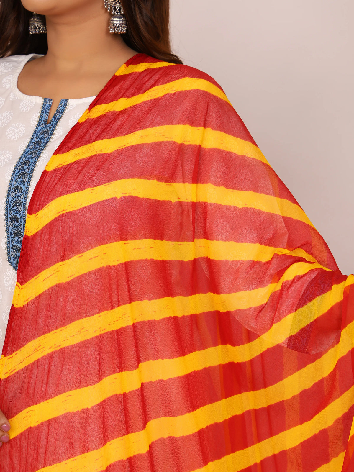Red Yellow Nazmin Chiffon Hand Tied Leheriya Dupatta (2.5 Meter)