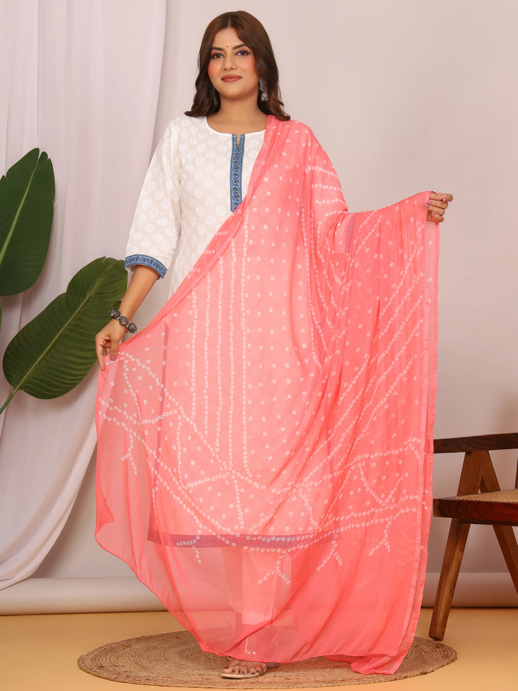 Peach Nazmin Chiffon Hand Tied Bhandej Dupatta (2.5 Meter)