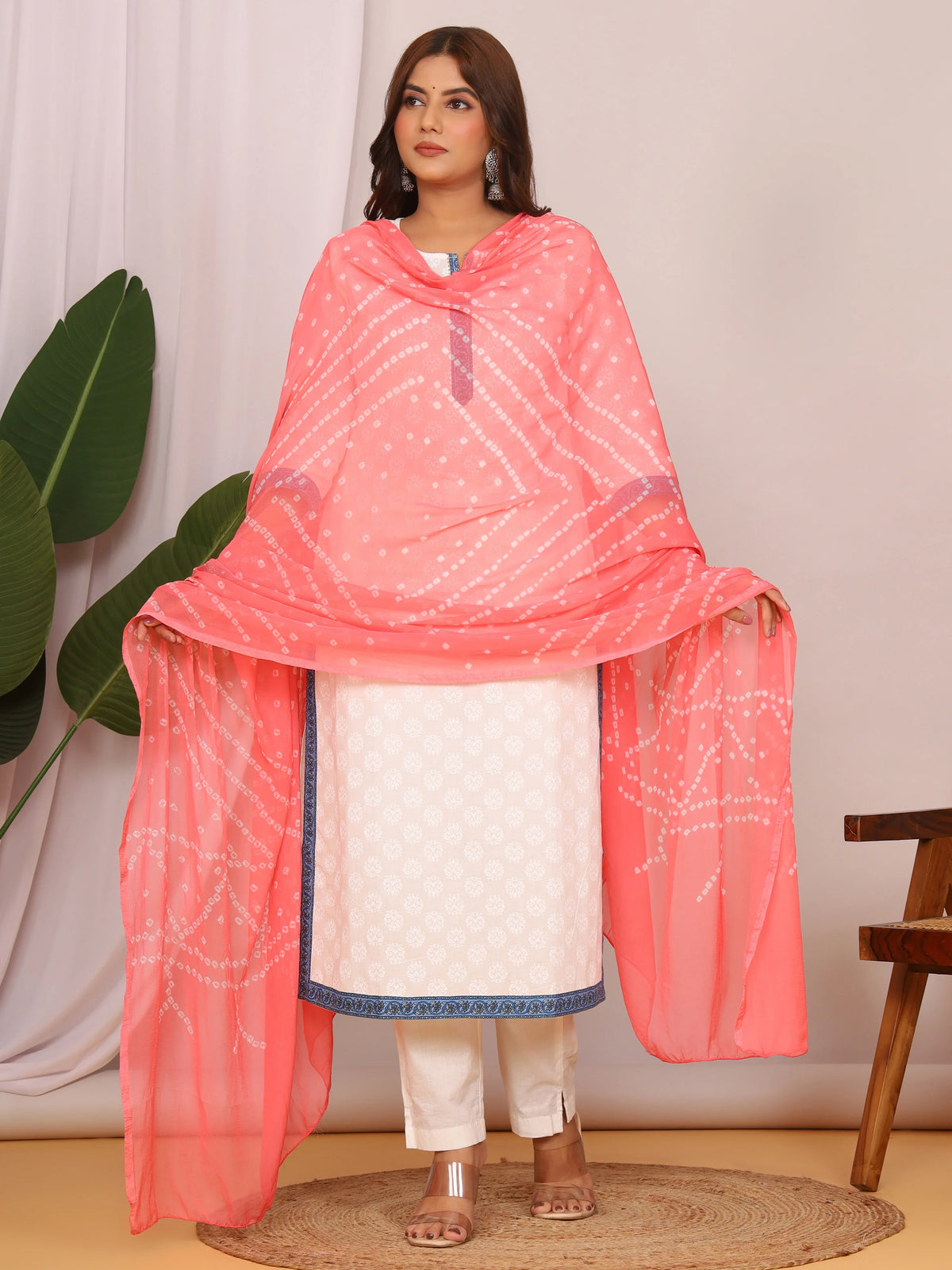Peach Nazmin Chiffon Hand Tied Bhandej Dupatta (2.5 Meter)