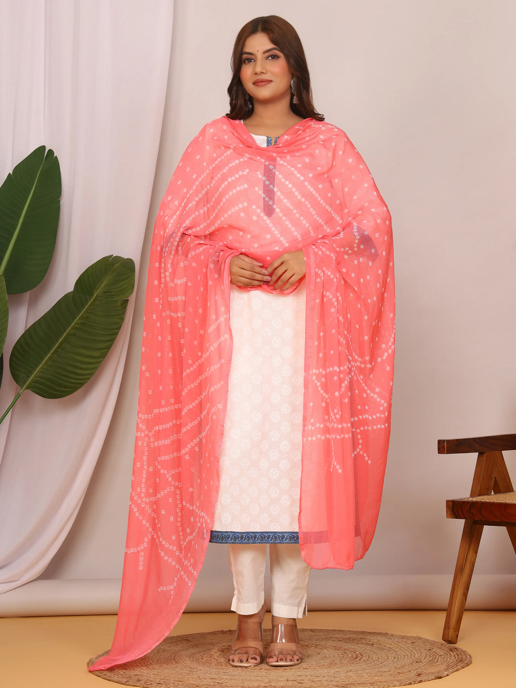 Peach Nazmin Chiffon Hand Tied Bhandej Dupatta (2.5 Meter)