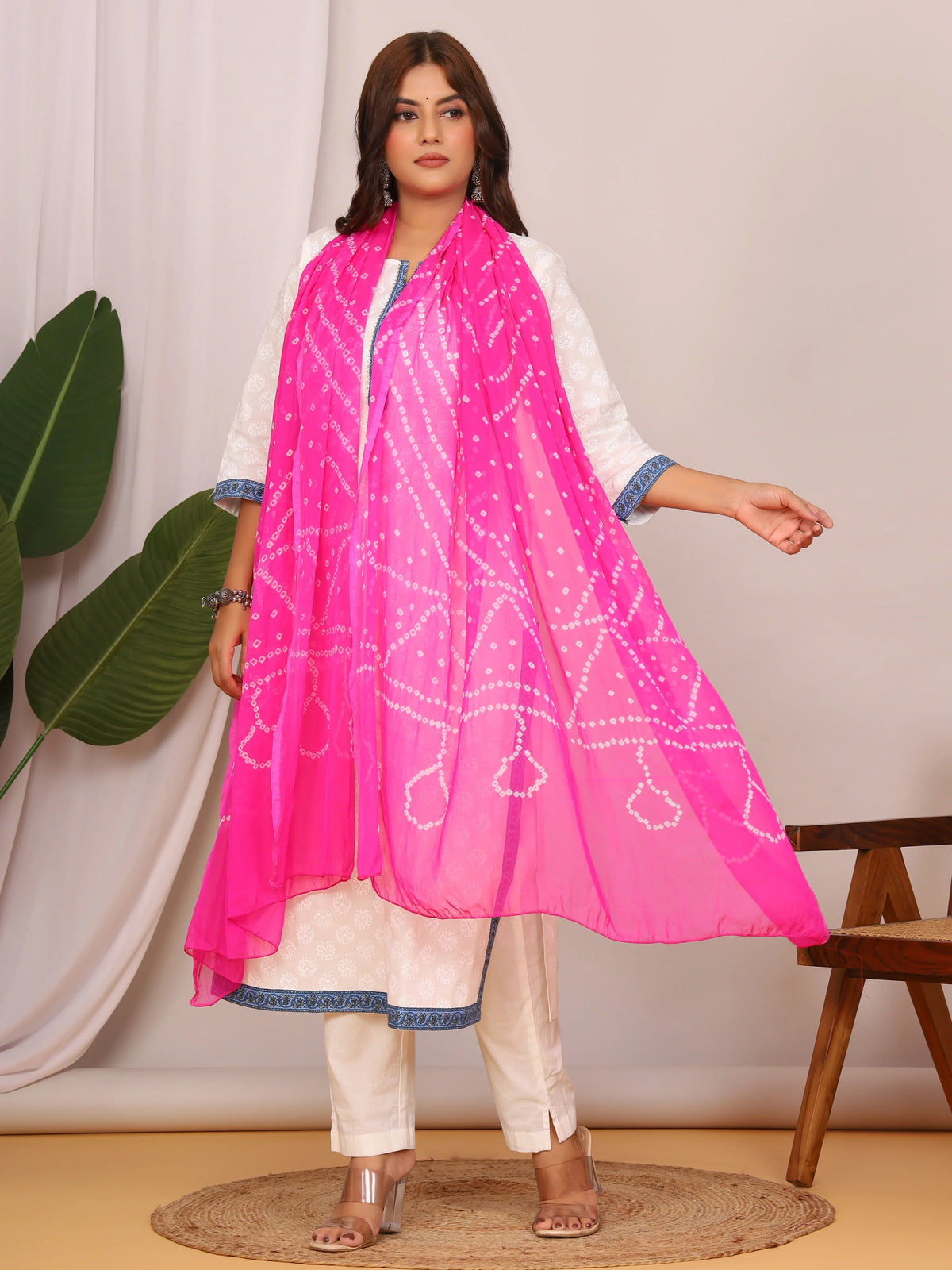 Light Pink Nazmin Chiffon Hand Tied Bhandej Dupatta (2.5 Meter)