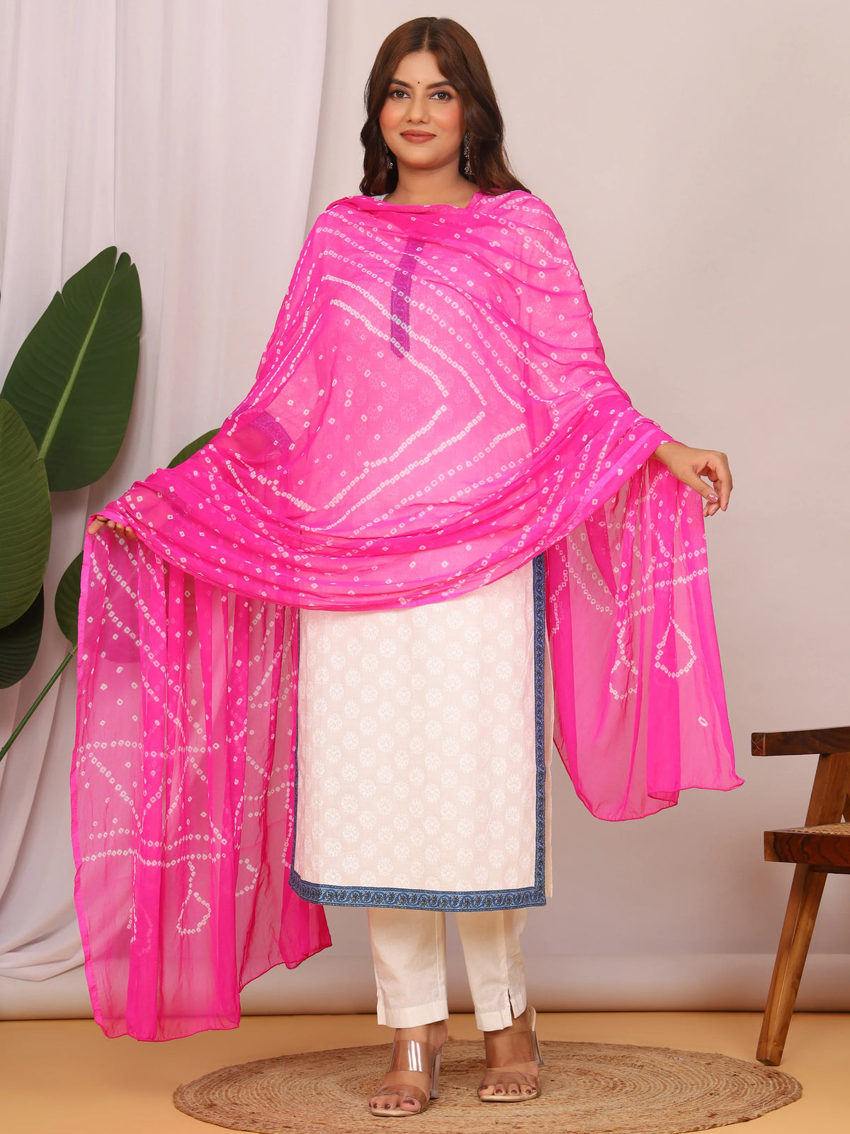 Light Pink Nazmin Chiffon Hand Tied Bhandej Dupatta (2.5 Meter)