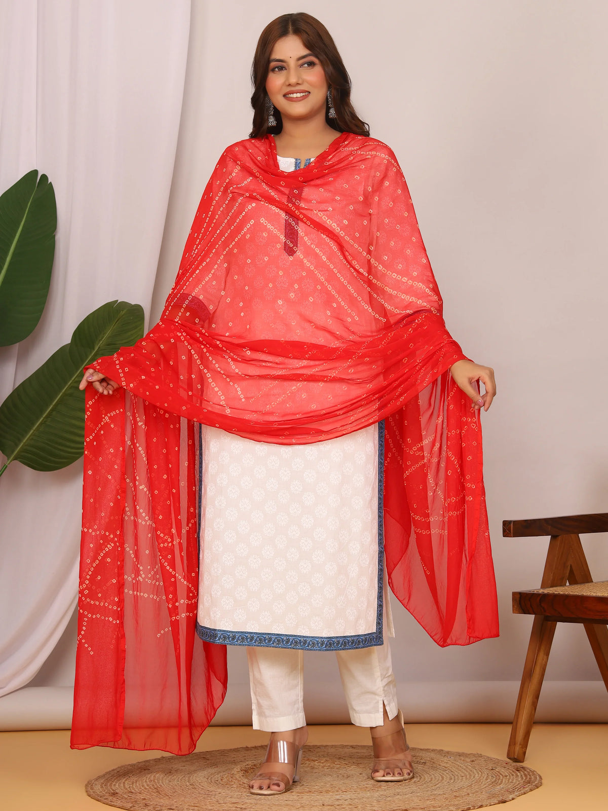 Red Nazmin Chiffon Hand Tied Bhandej Dupatta (2.5 Meter)