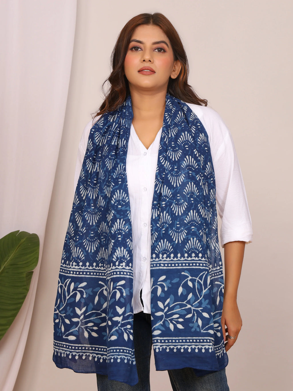 Indigo Pure Cotton Handblock Dabu Print Stole with Leaf & Shell Motifs