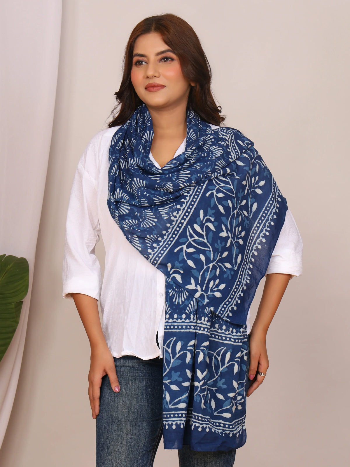 Indigo Pure Cotton Handblock Dabu Print Stole with Leaf & Shell Motifs