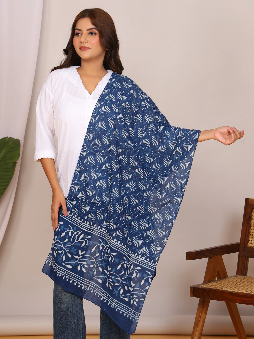 Indigo Pure Cotton Handblock Dabu Print Stole with Leaf & Shell Motifs