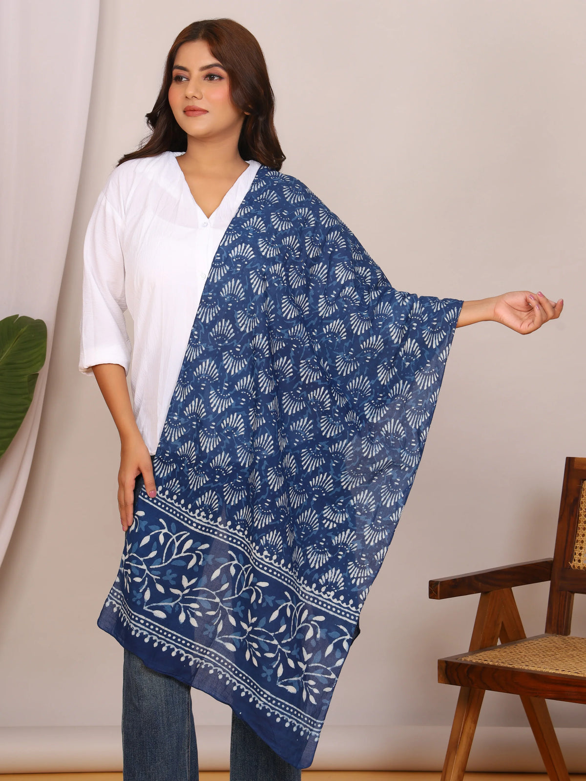 Indigo Pure Cotton Handblock Dabu Print Stole with Leaf & Shell Motifs