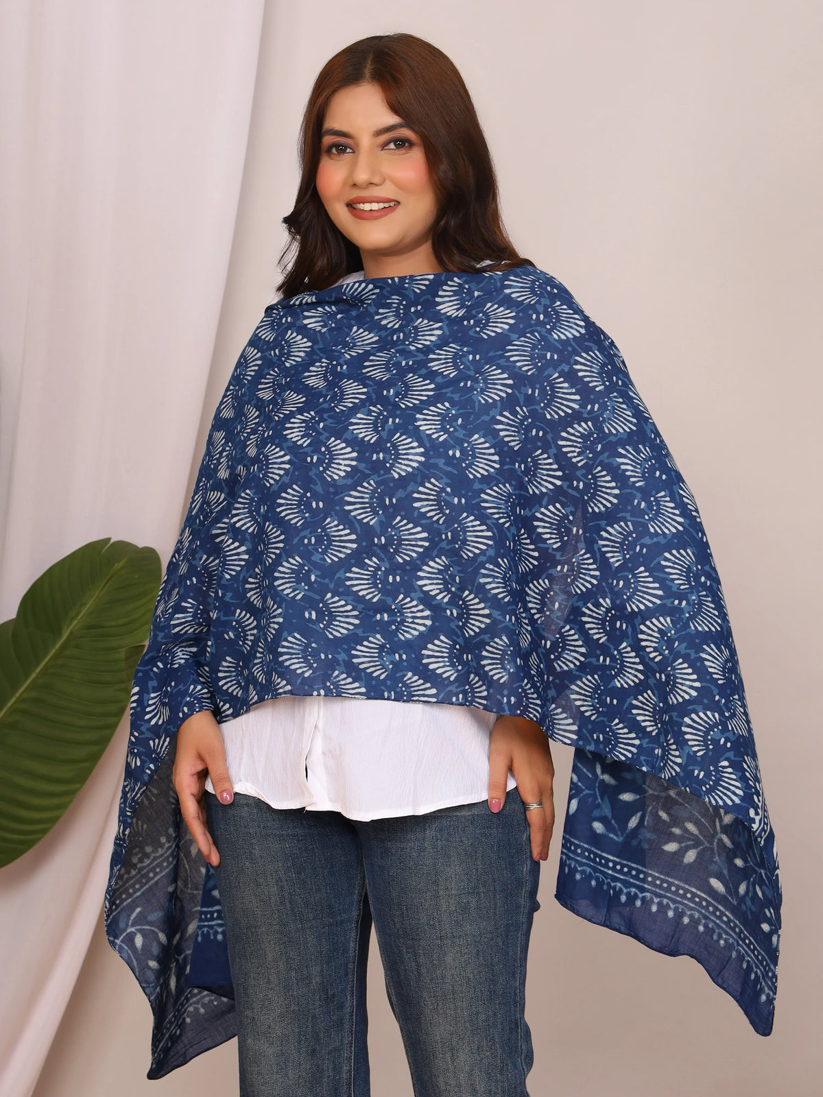 Indigo Pure Cotton Handblock Dabu Print Stole with Leaf & Shell Motifs