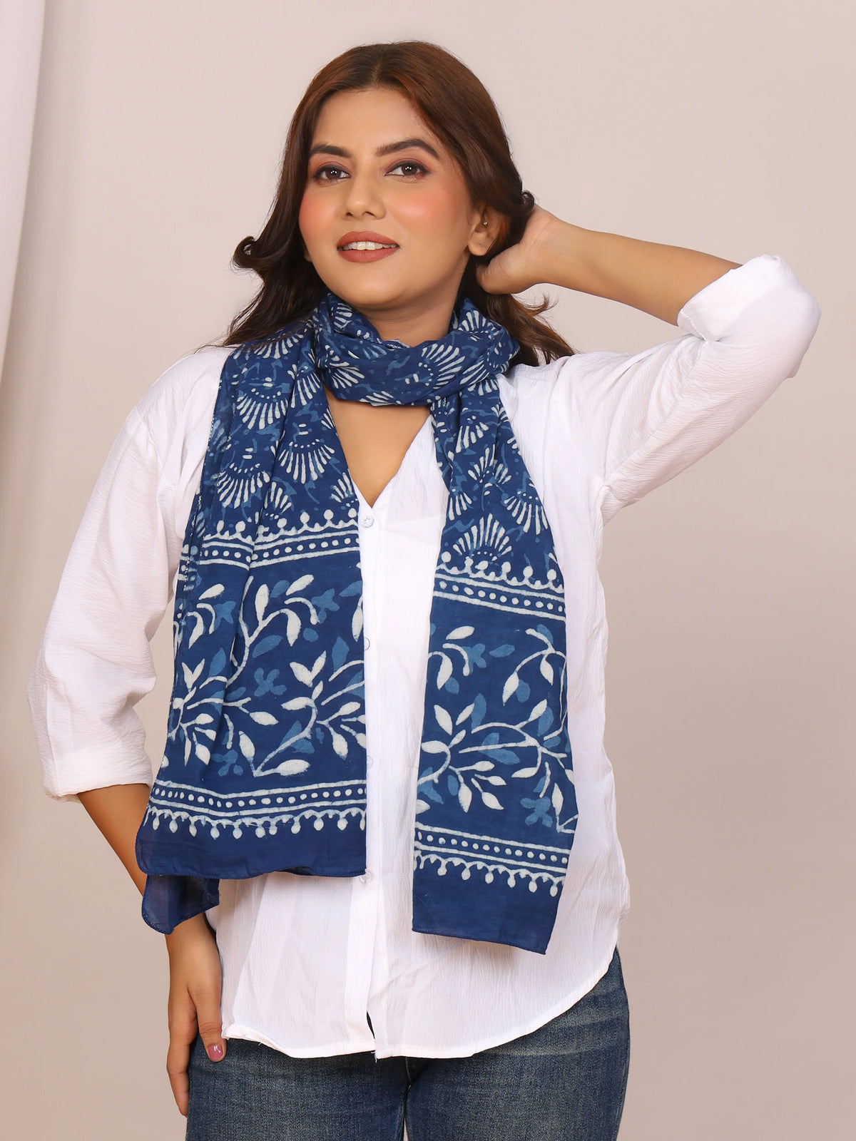 Indigo Pure Cotton Handblock Dabu Print Stole with Leaf & Shell Motifs