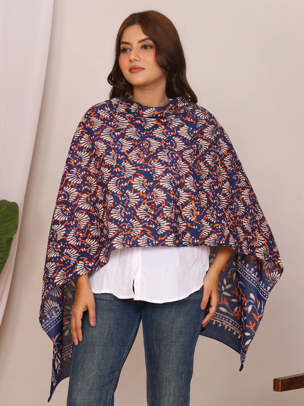 Indigo Pure Cotton Handblock MN Dabu Print Stole with Floral Motifs