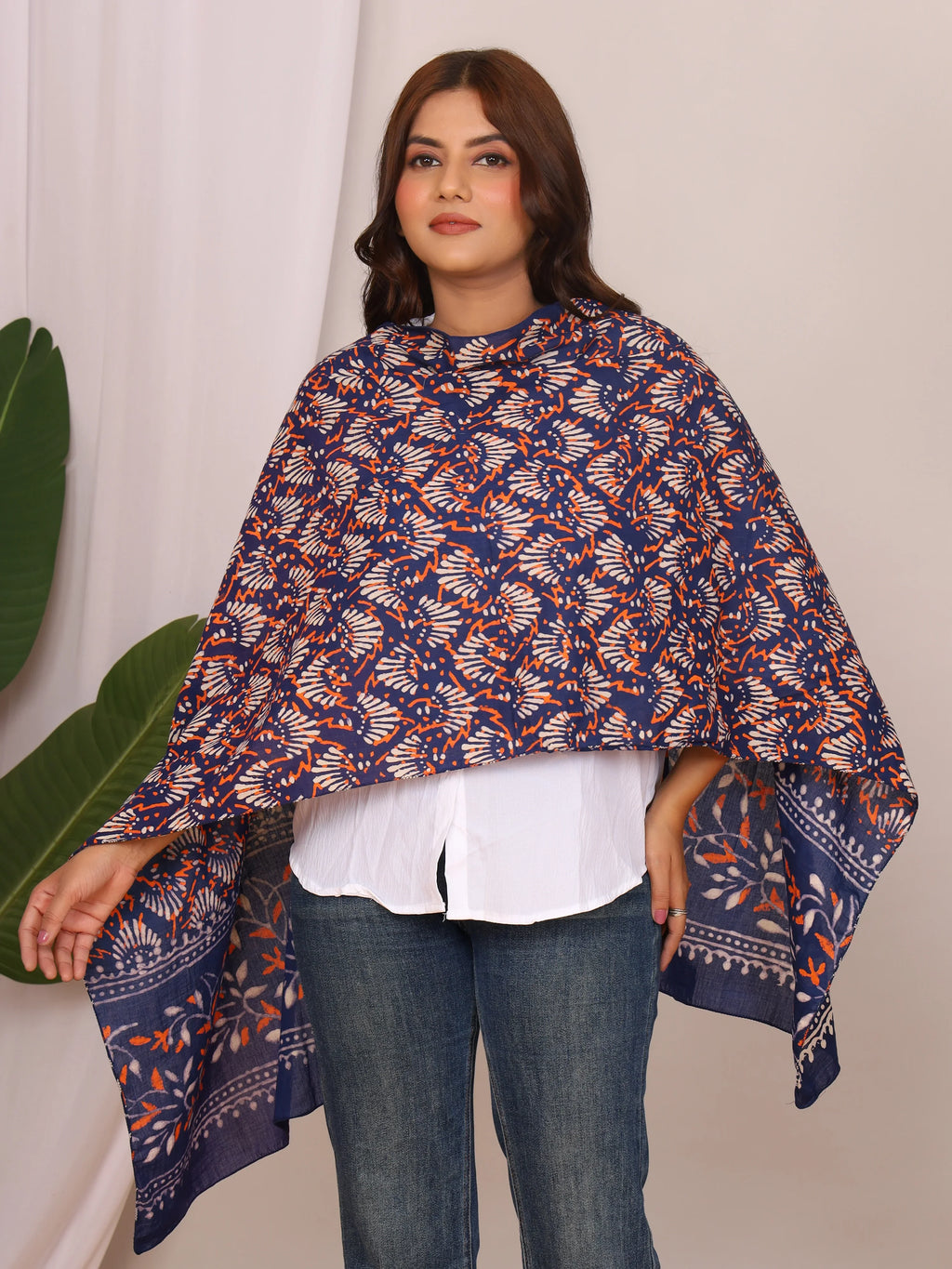 Indigo Pure Cotton Handblock MN Dabu Print Stole with Floral Motifs