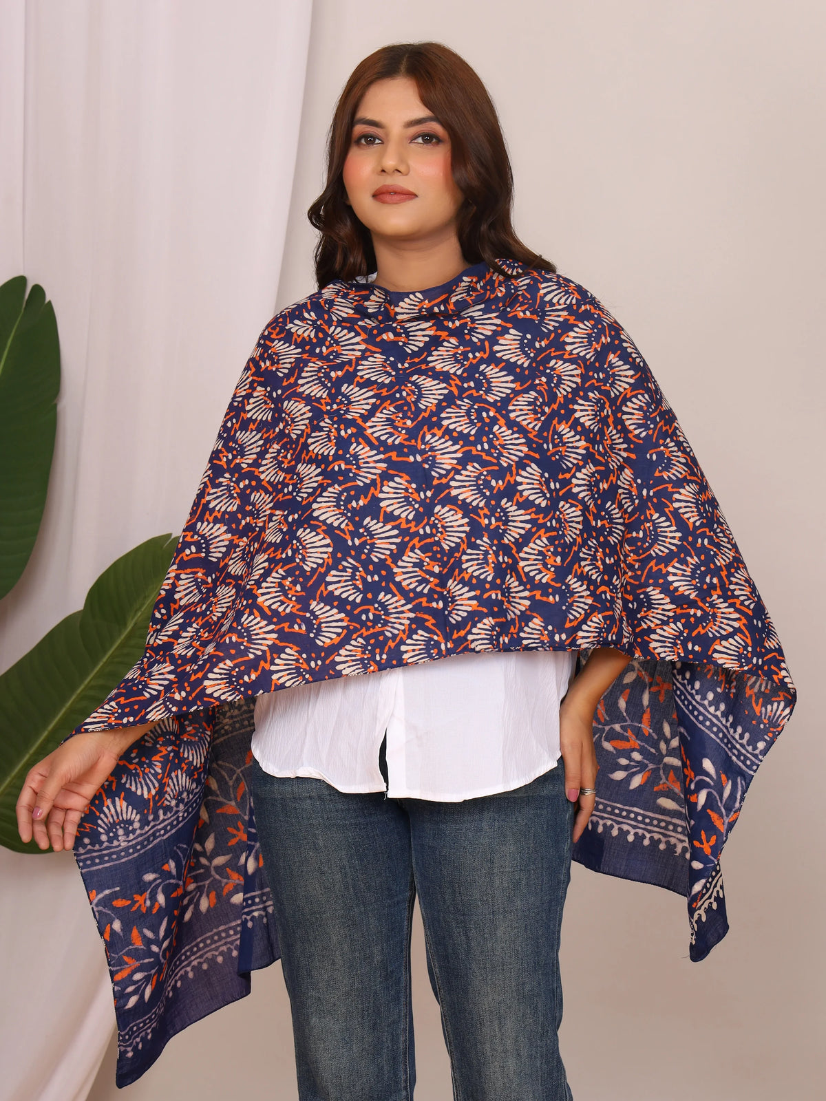 Indigo Pure Cotton Handblock MN Dabu Print Stole with Floral Motifs