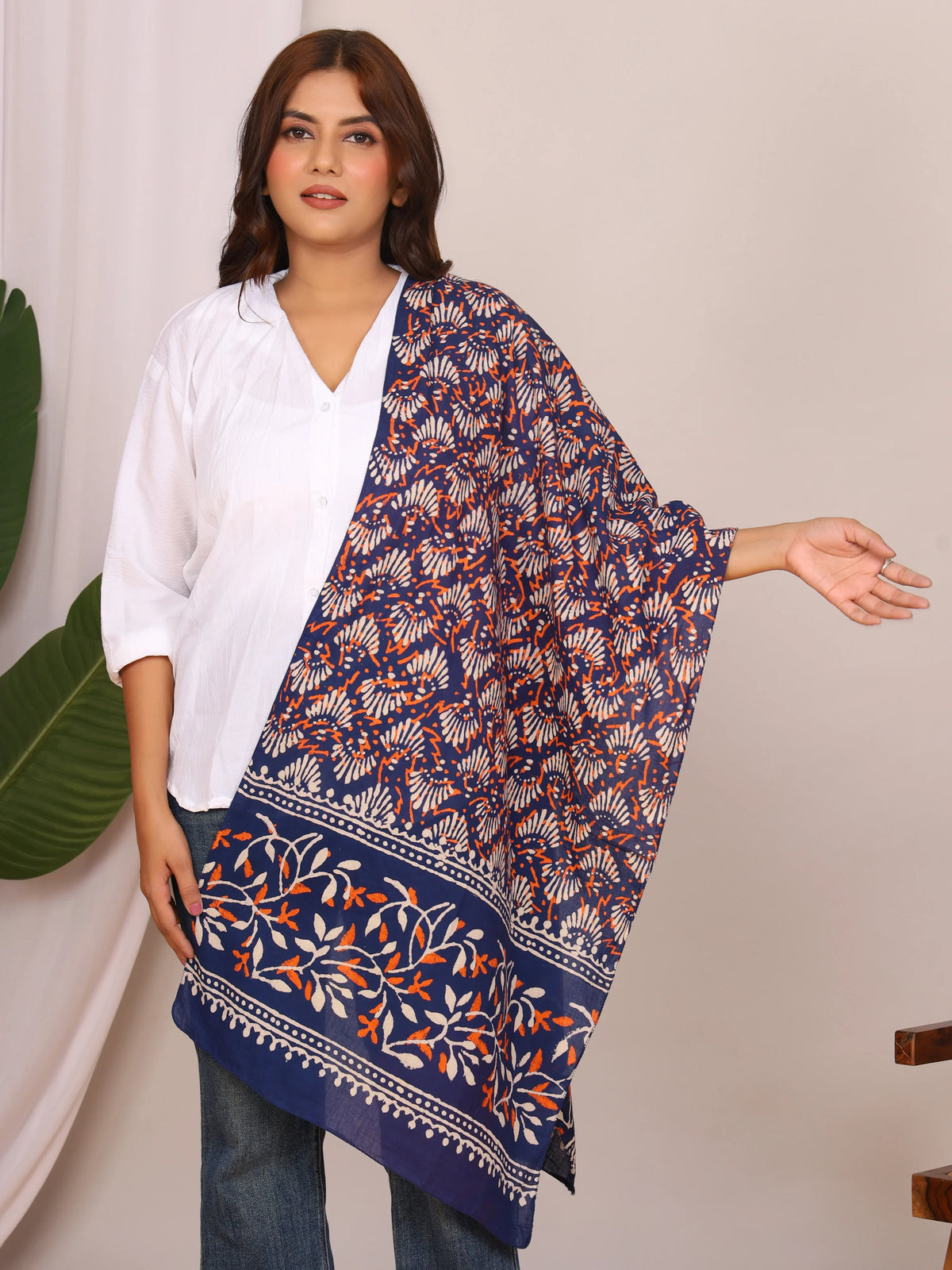 Indigo Pure Cotton Handblock MN Dabu Print Stole with Floral Motifs