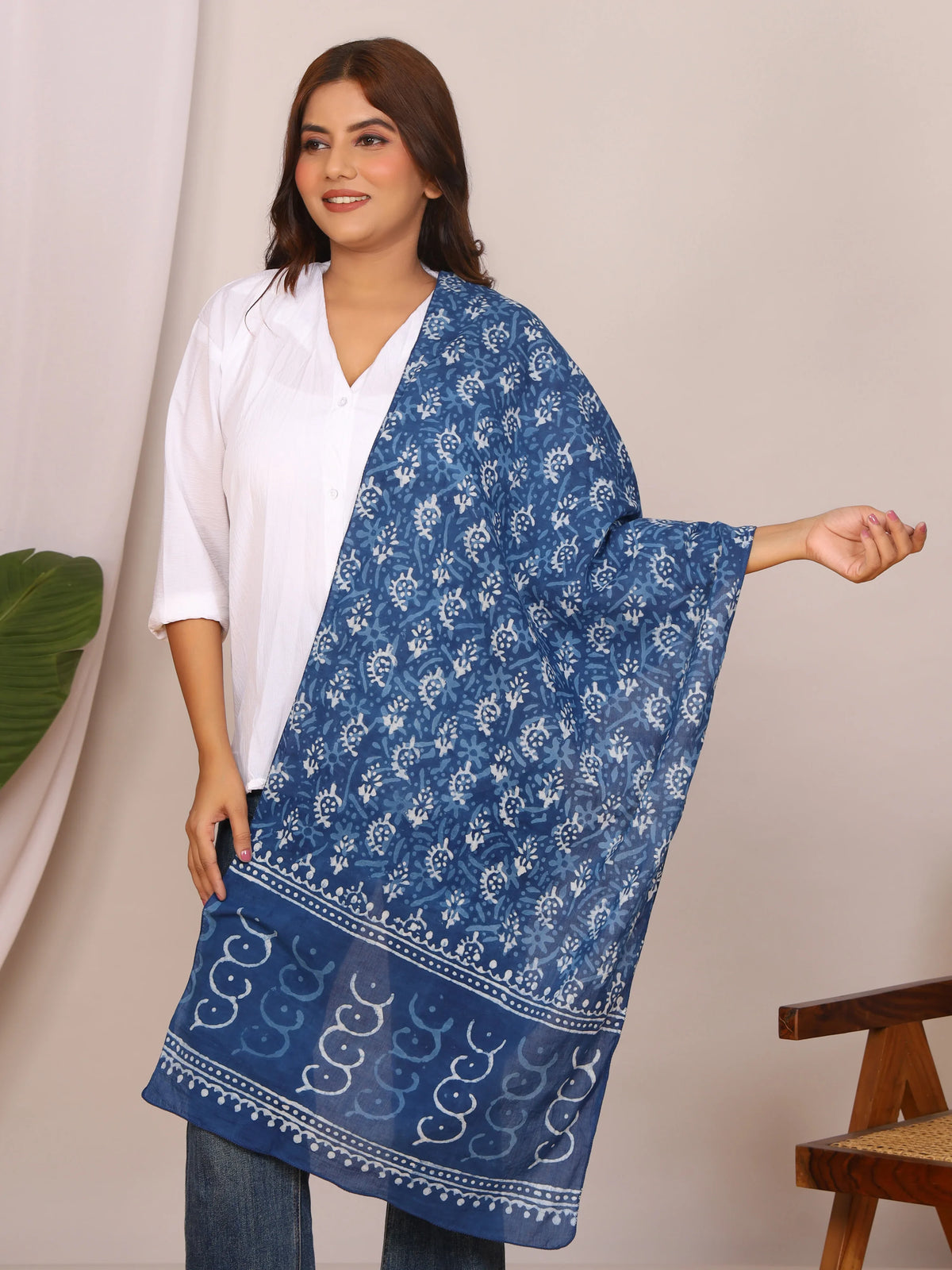 Indigo Pure Cotton Handblock Dabu Print Stole with Abstract Wave Motifs