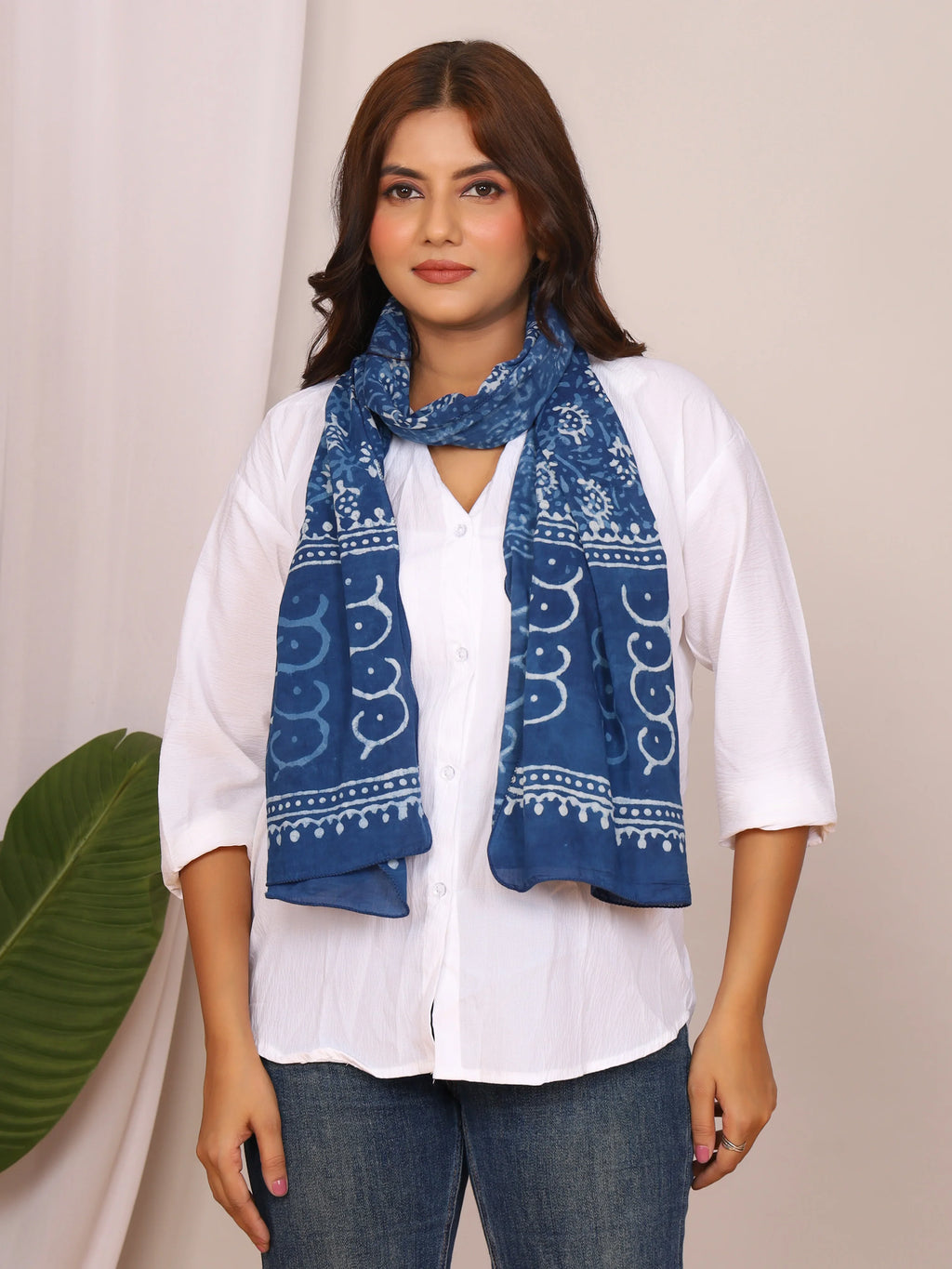 Indigo Pure Cotton Handblock Dabu Print Stole with Abstract Wave Motifs
