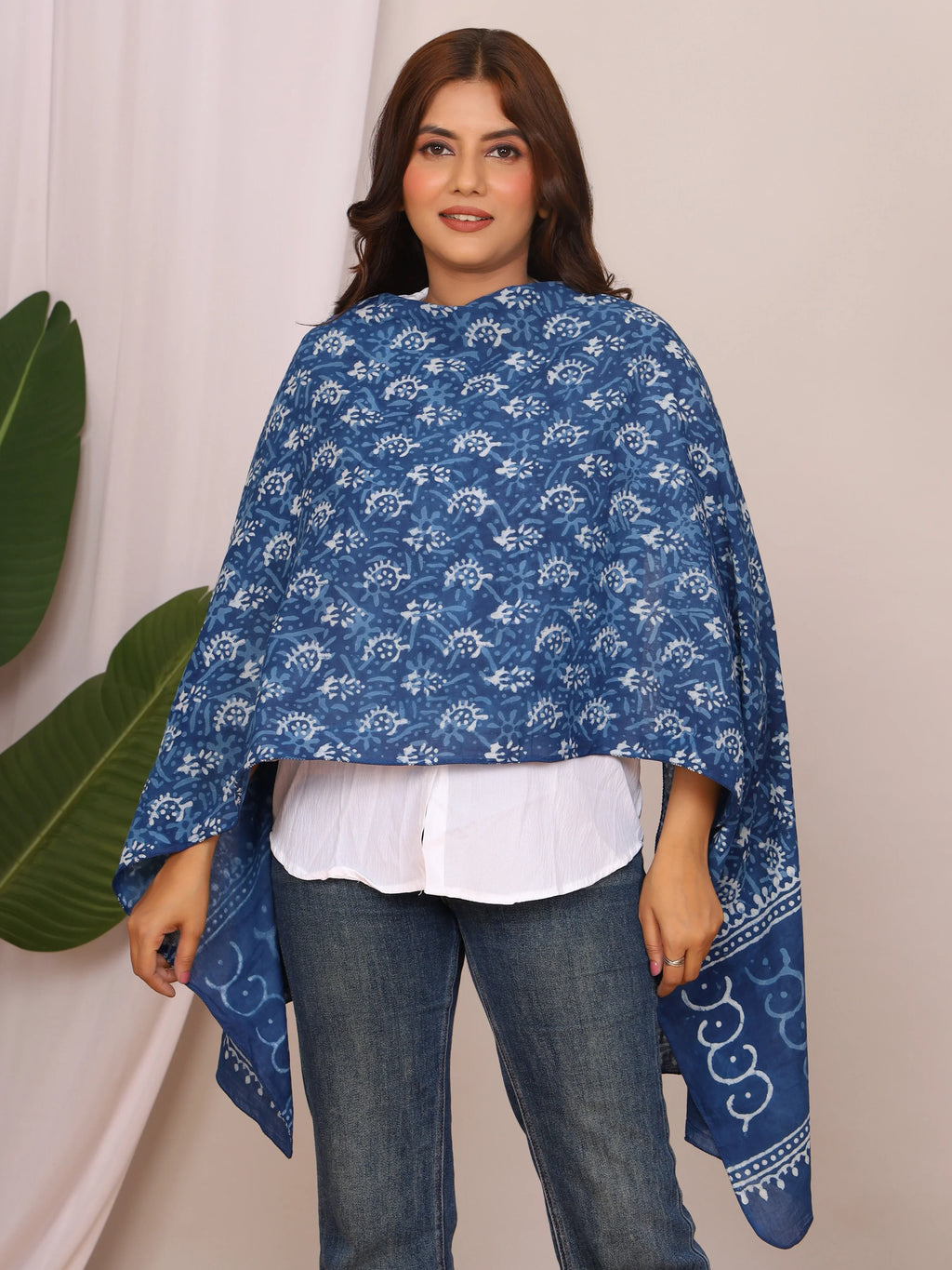 Indigo Pure Cotton Handblock Dabu Print Stole with Abstract Wave Motifs
