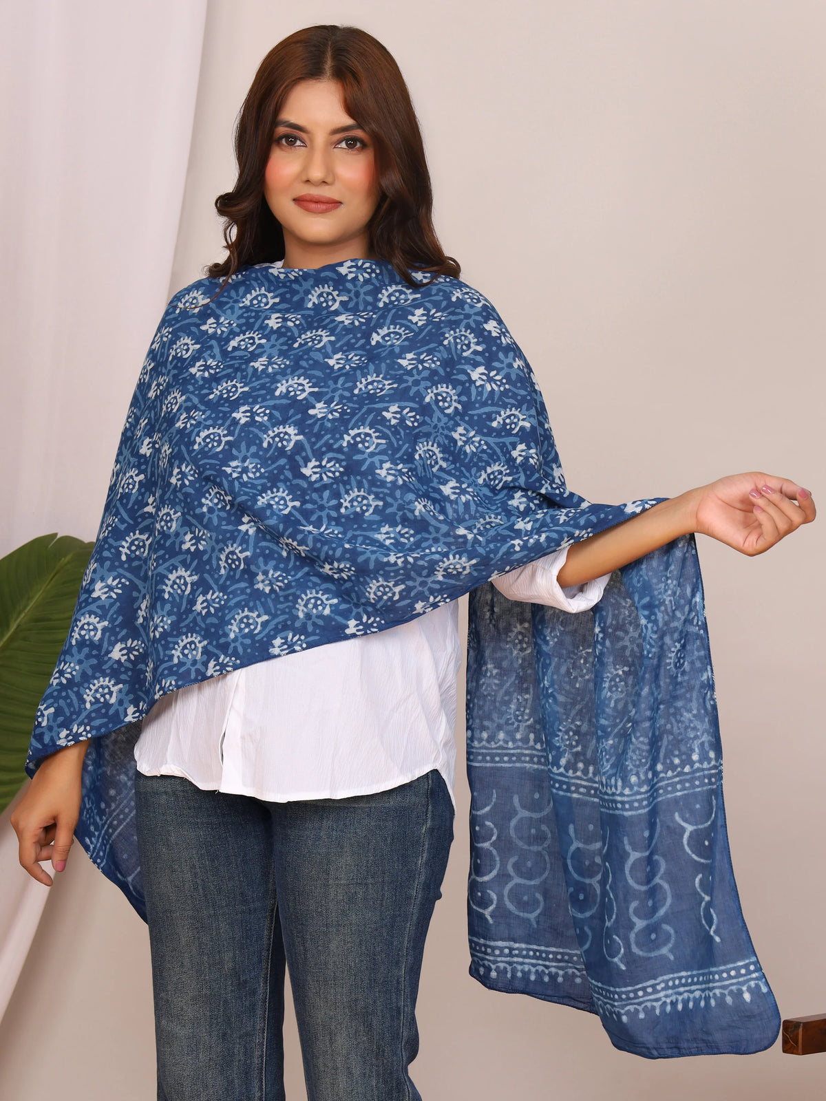 Indigo Pure Cotton Handblock Dabu Print Stole with Abstract Wave Motifs