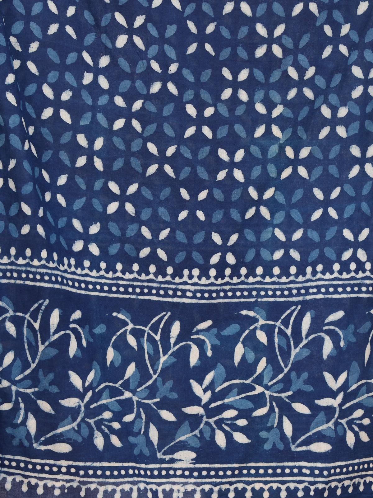 Indigo Blue Dabu Printed Cotton Stole with Floral and Leaf Motifs