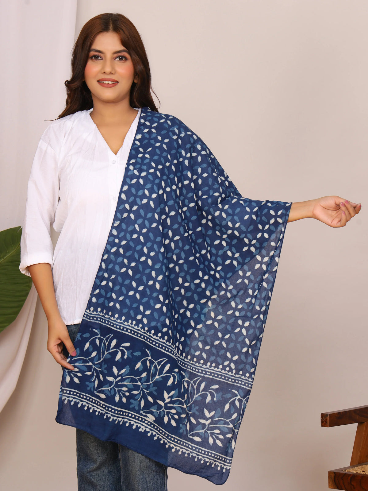 Indigo Blue Dabu Printed Cotton Stole with Floral and Leaf Motifs