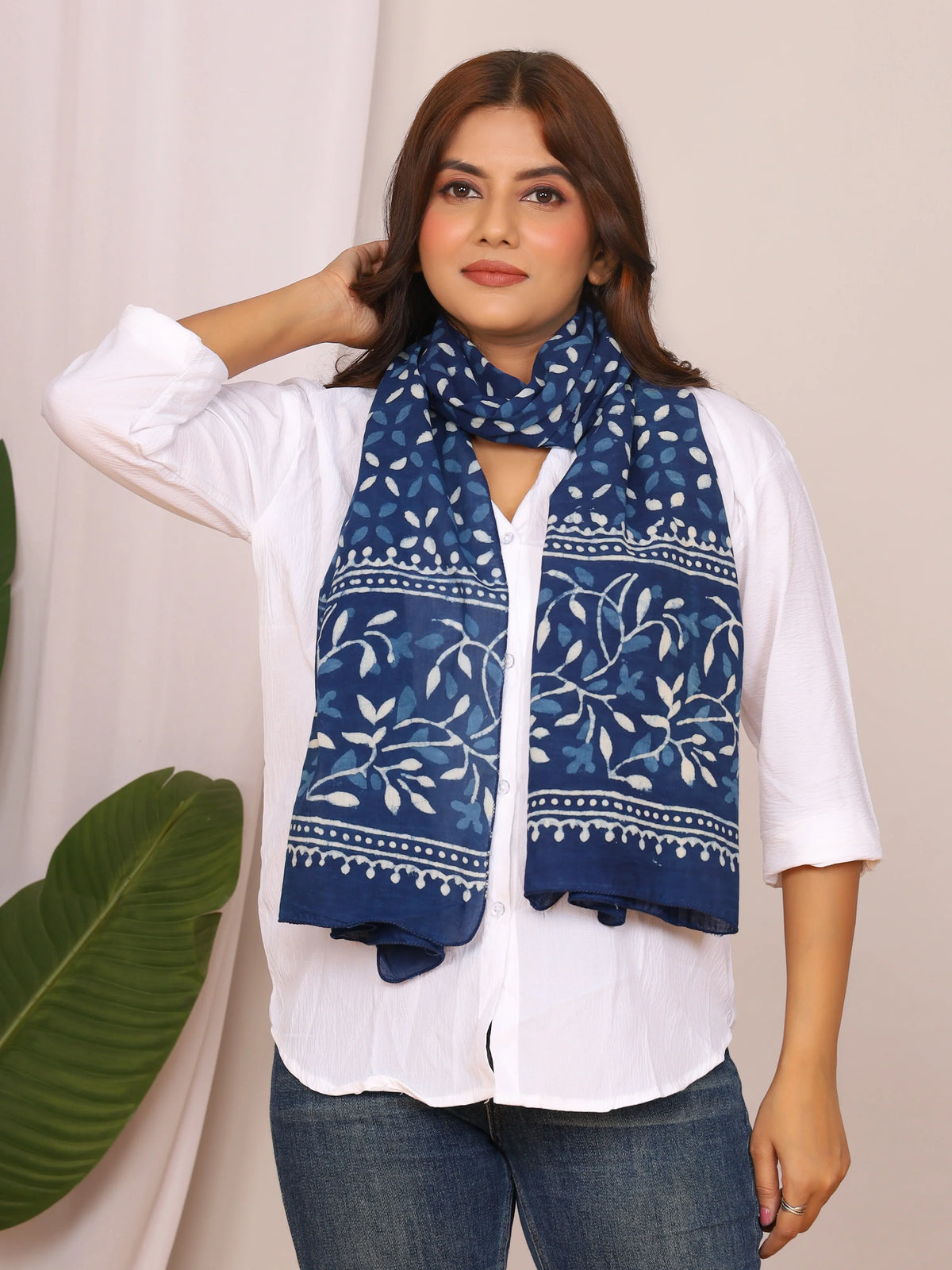 Indigo Blue Dabu Printed Cotton Stole with Floral and Leaf Motifs