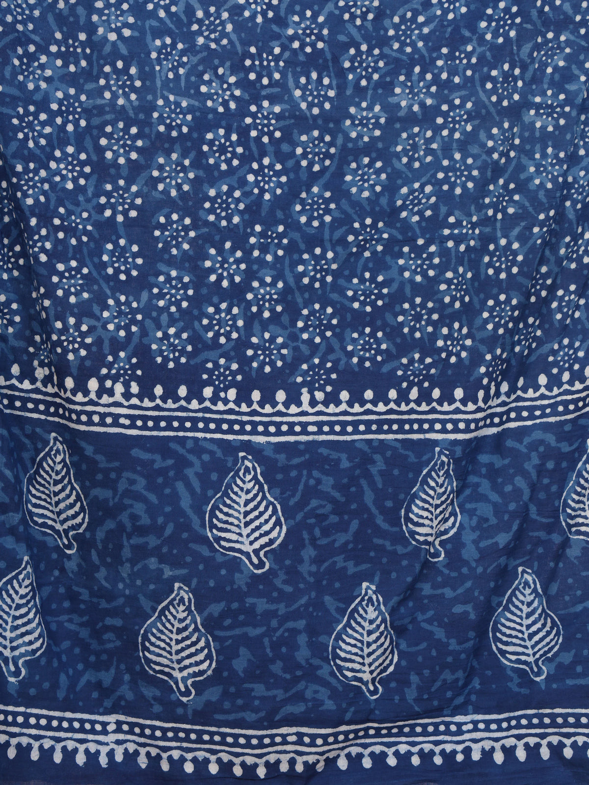 Indigo Blue Dabu Print Cotton Stole with White Leaf & Dot Motifs