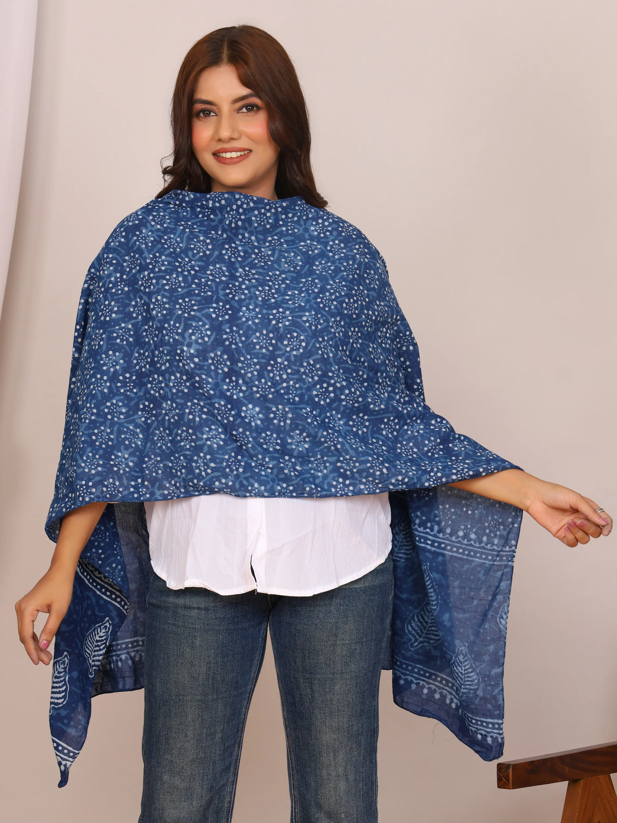 Indigo Blue Dabu Print Cotton Stole with White Leaf & Dot Motifs