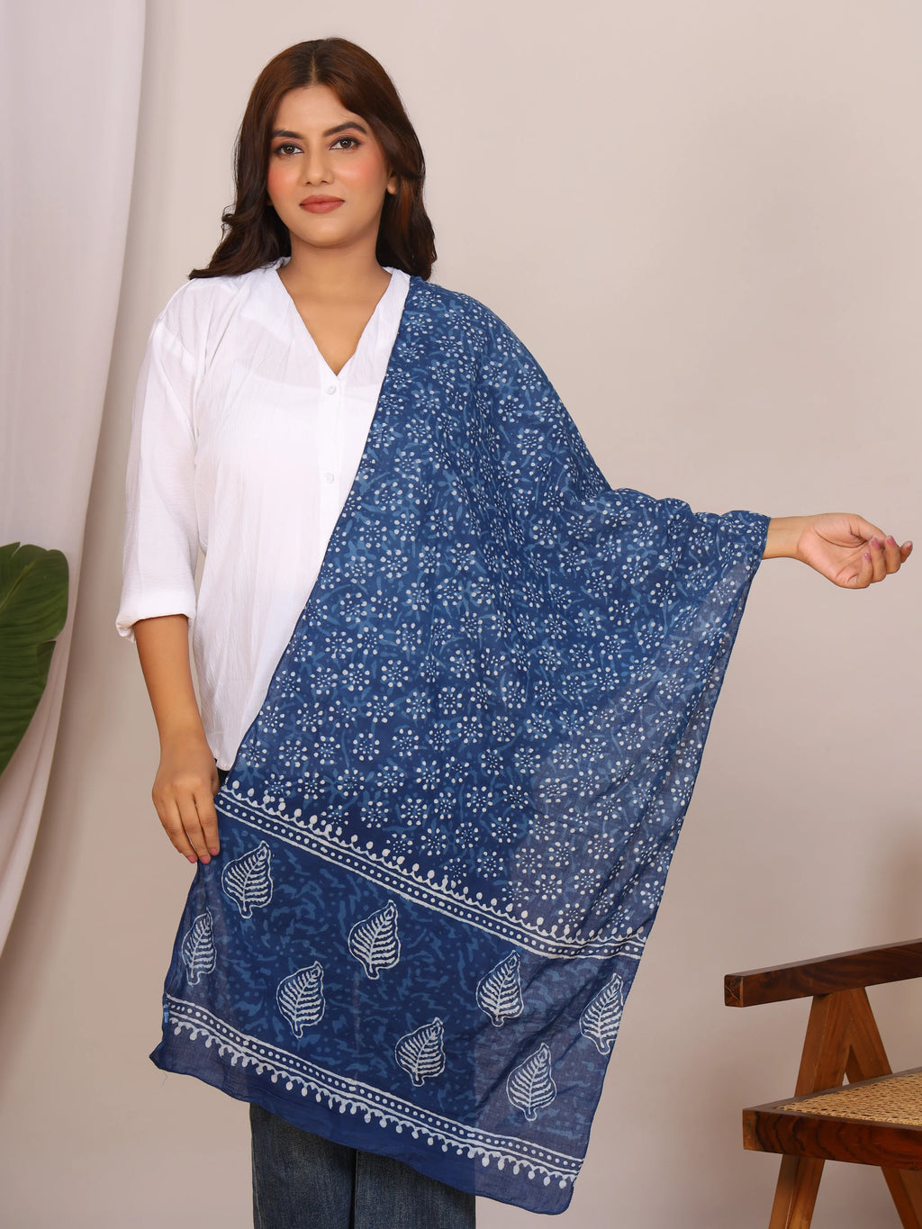 Indigo Blue Dabu Print Cotton Stole with White Leaf & Dot Motifs