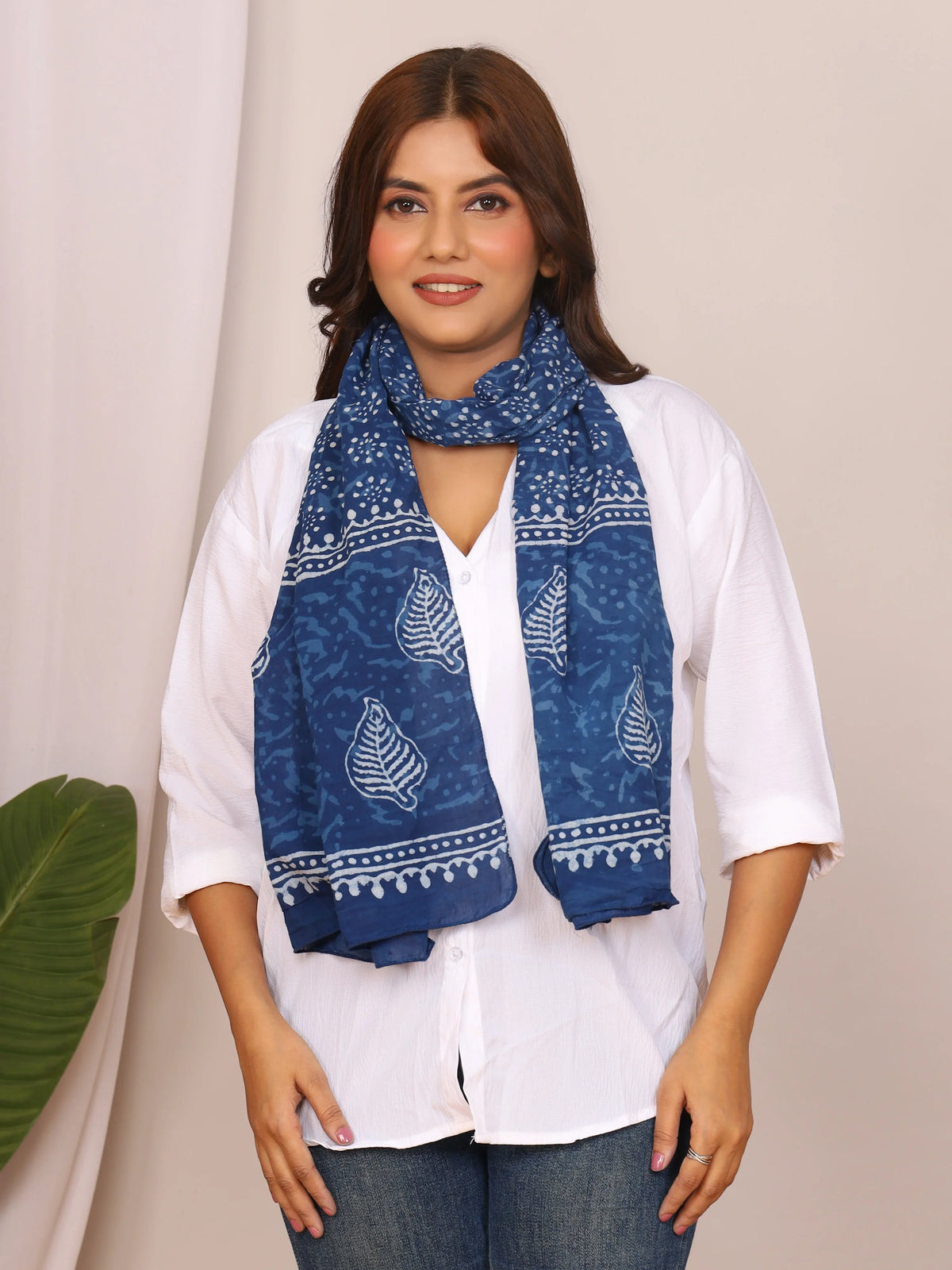 Indigo Blue Dabu Print Cotton Stole with White Leaf & Dot Motifs