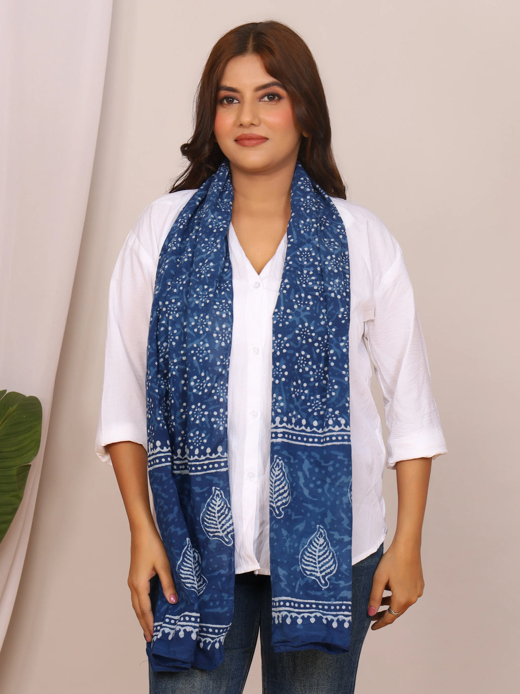 Indigo Blue Dabu Print Cotton Stole with White Leaf & Dot Motifs