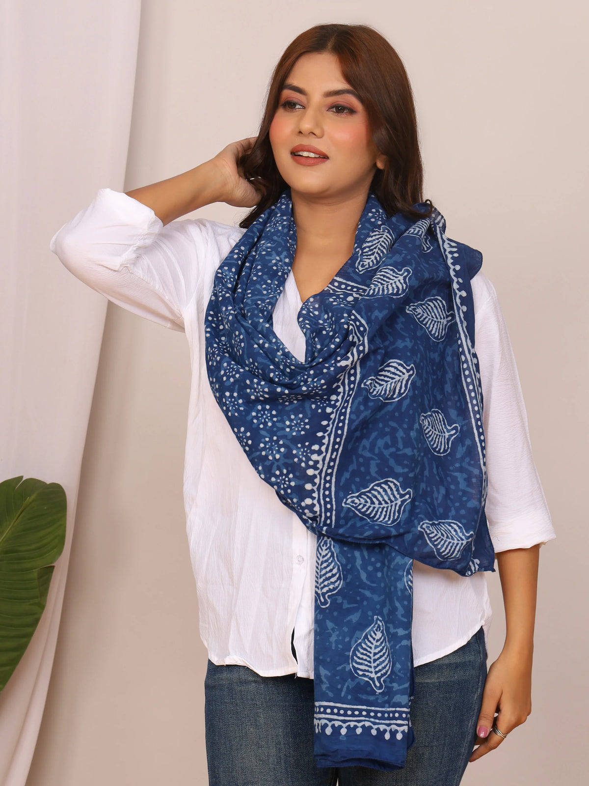 Indigo Blue Dabu Print Cotton Stole with White Leaf & Dot Motifs