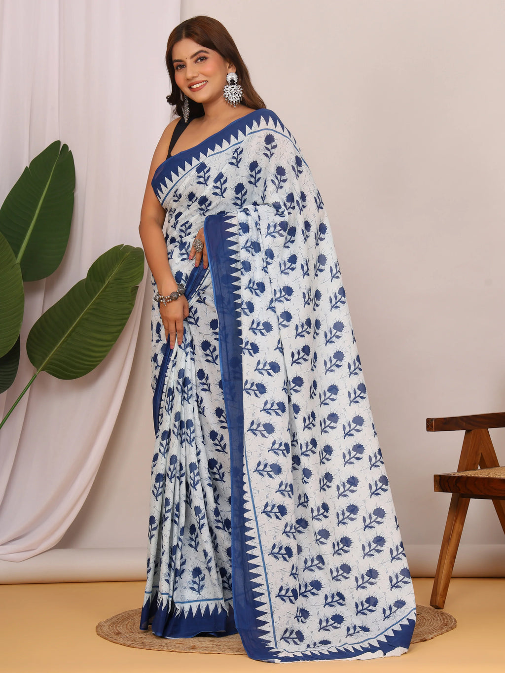 Pure Cotton White and Indigo Blue Saree with Elegant Floral Sanganeri Print